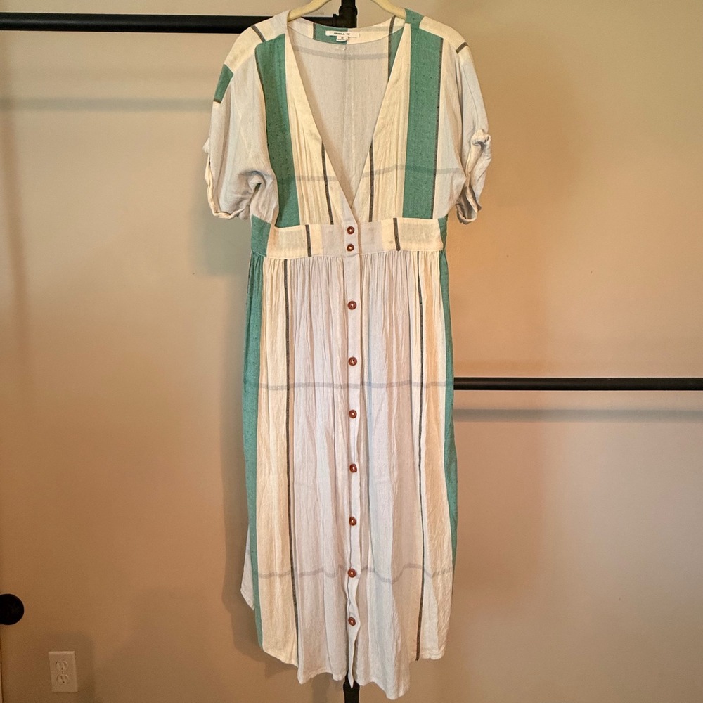 O'Neill Teal White Plaid Button Down Midi Dress Medium V-Neck Short Sleeve Boho